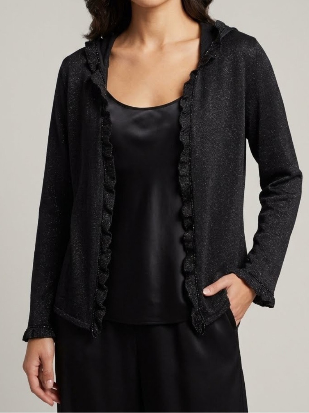 YANSI FUGEL Open Cardigan Vintage Y2K Silk Cropped Shimmer Ruffle Beaded Medium